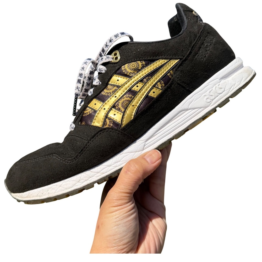Rare Asics Tiger Gel Saga Mens 10 Black Gold Kanji Lace Mandala Sneakers Samurai